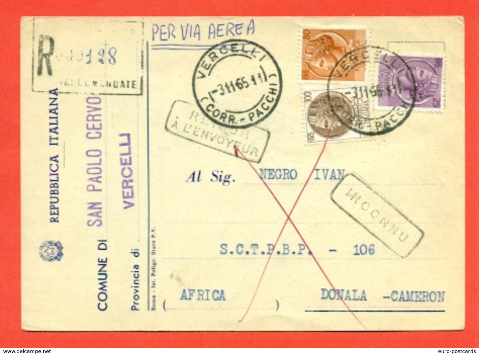 STORIA POSTALE PER L'ESTERO-CARTOLINA ELETTORALE RACCOMANDATA AEREA-DA  SAN PAOLO CERVO PER IL CAMERUN-SIRACUSANA - 1961-70: Storia Postale