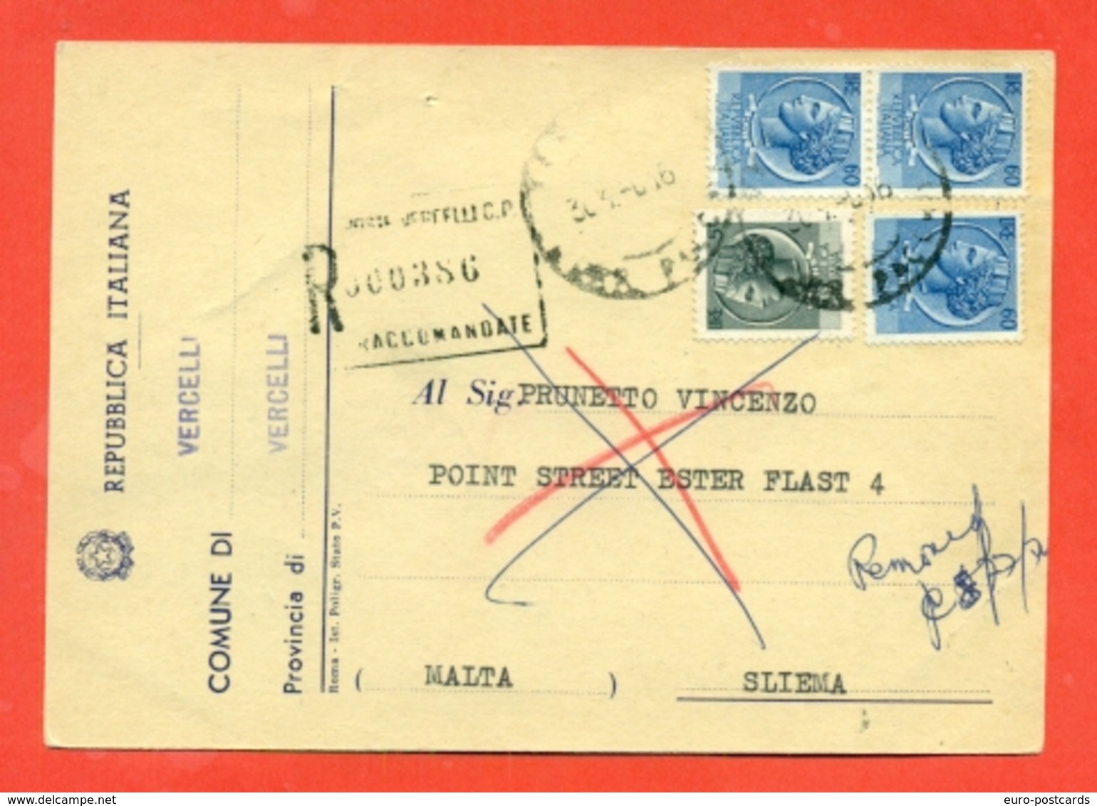 STORIA POSTALE PER L'ESTERO-CARTOLINA ELETTORALE RACCOMANDATA AEREA-DA VERCELLI PER MALTA-SIRACUSANA - 1961-70: Marcophilia