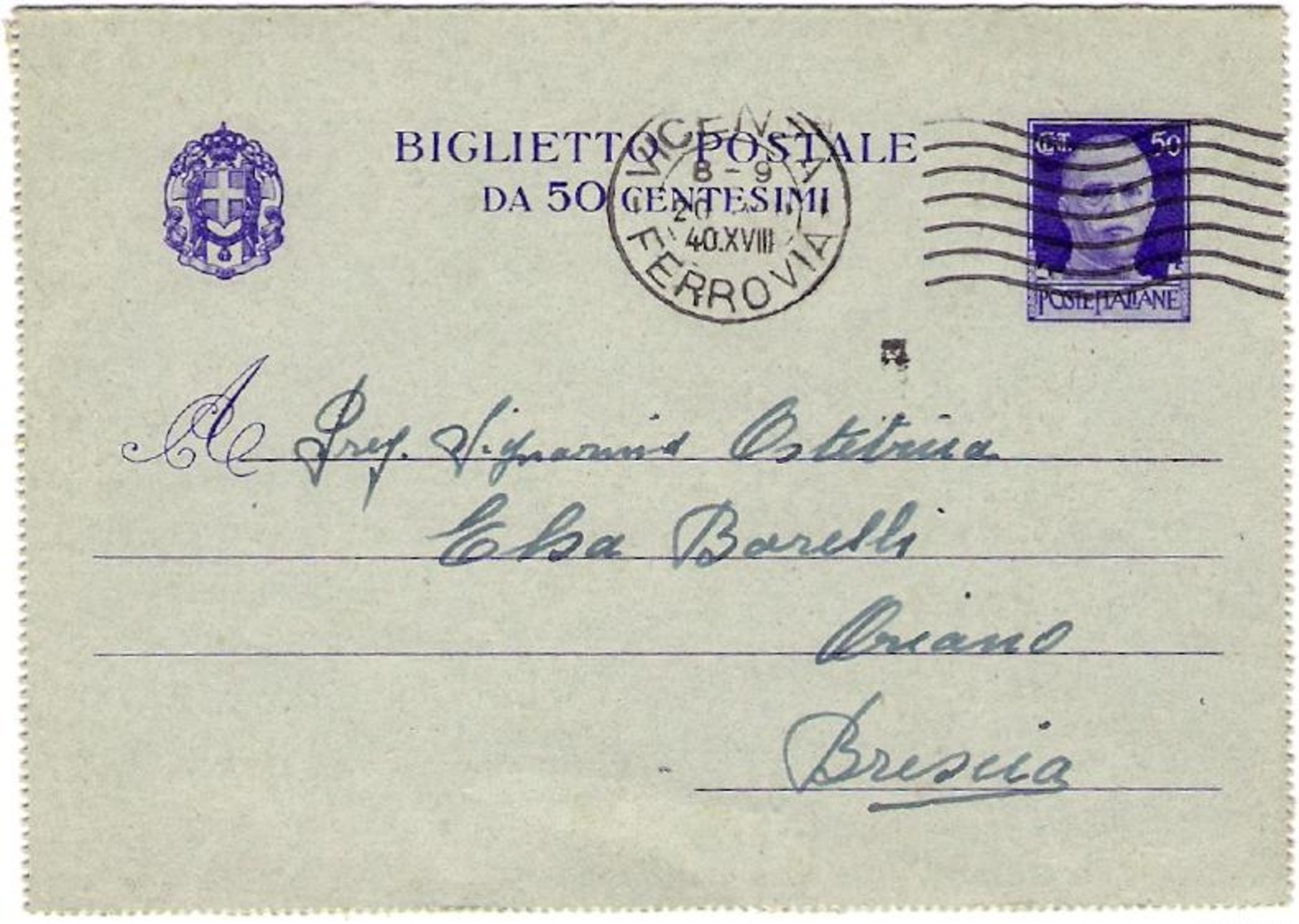 1940-biglietto Postale Da 50c.Imperiale Viaggiato - Storia Postale