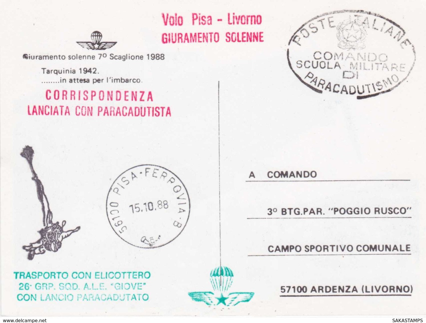 1988-volo Pisa Livorno Giuramento Solenne,corrispondenza Lanciata Con Paracadutista - Posta Aerea