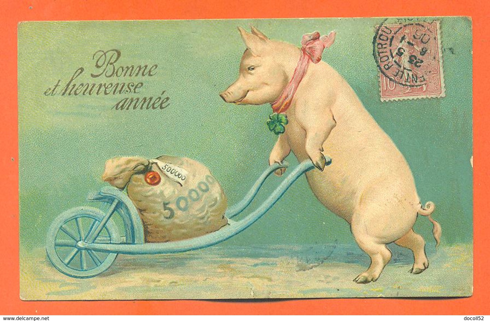 CPA En Relief Chromo " Bonne Et Heureuse Année " Cochon Poussant Une Brouette D'argent - Pigs