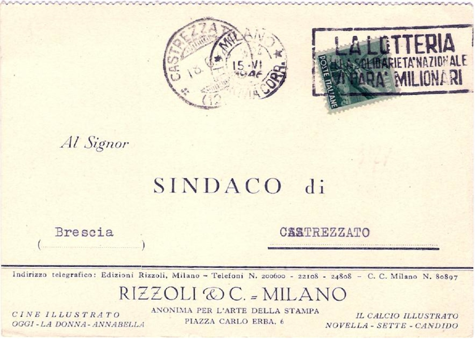 1946-annullo Frazionario Castrezzato (12-53)  Su Cartolina Con Intestazione Pubblicitaria Affrancata L.1 Democratica Ann - 1946-60: Storia Postale