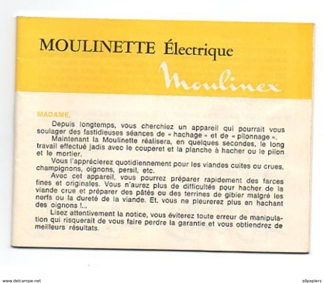 Manuel D'utilisation Et Recettes Moulinette électrique Moulinex De 1975 - Autres Appareils