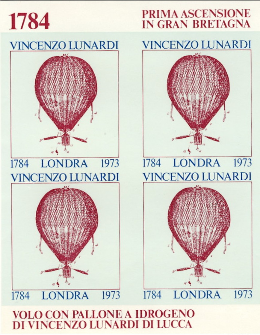 1973-foglietto Erinnofilo Commemorativo Prima Ascensione In Gran Bretagna 1784 Volo Con Pallone A Idrogeno Di Vincenzo L - 1971-80: Storia Postale