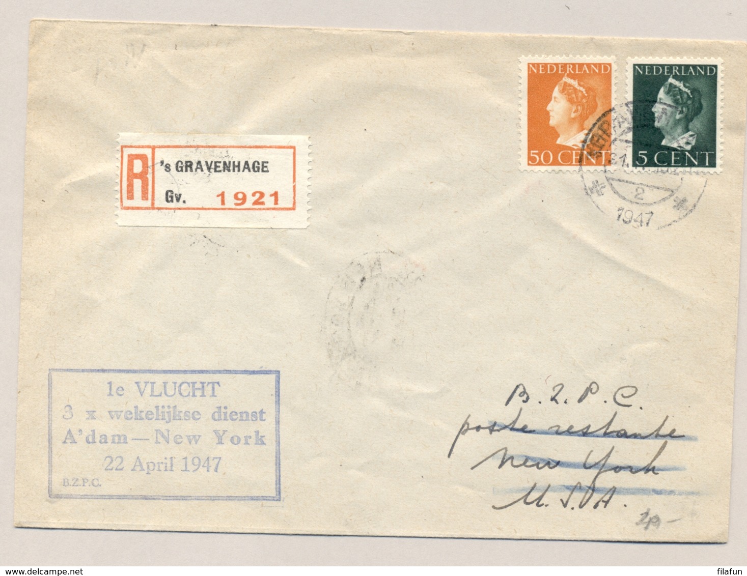 Nederland - 1947 - 5 En 50 Cent Konijnenburg Op R-First Flight Van Amsterdam Naar New York / USA - Lettres & Documents