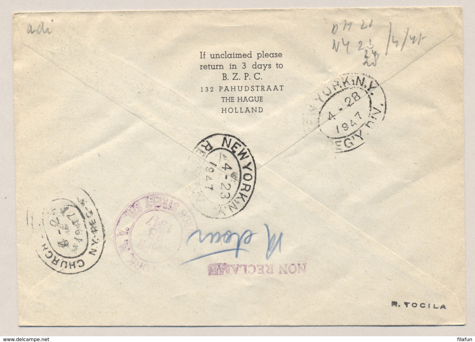 Nederland - 1947 - 5 En 50 Cent Konijnenburg Op R-First Flight Van Amsterdam Naar New York / USA - Lettres & Documents