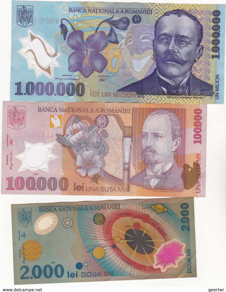 Romania 1000000, 100000 + 2000 Lei Polymer 1999, 2001, 2003 - Roumanie