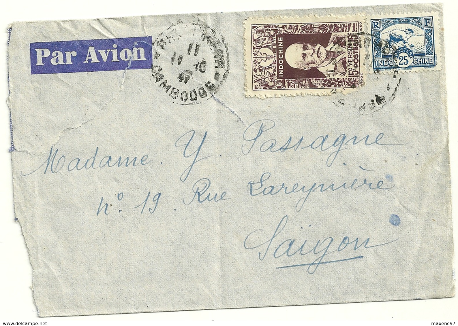 LETTRE AVEC TIMBRE D'INDOCHINE OBLITERATION PHNOM PENH CAMBODGE POUR SAIGON - Guerre D'Indochine / Viêt-Nam