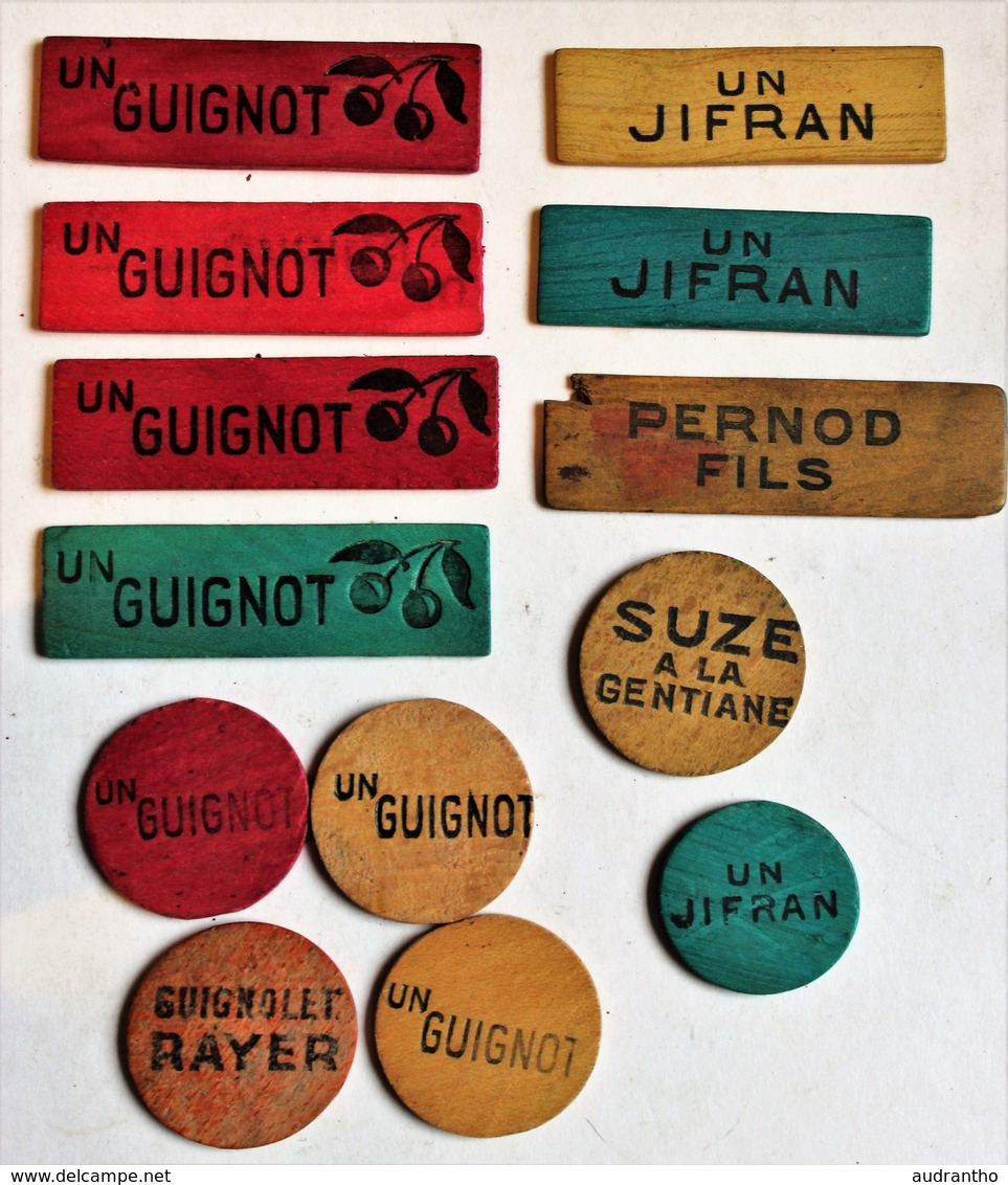 13 Jetons En Bois Jeu De Cartes Alcool Guignot Jifran Suze Pernod Fils - Alcohols