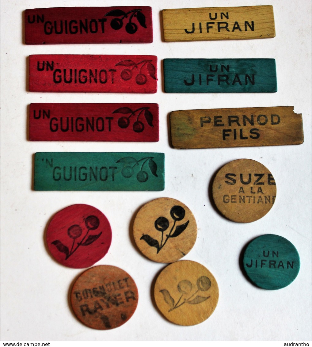 13 Jetons En Bois Jeu De Cartes Alcool Guignot Jifran Suze Pernod Fils - Alcohols