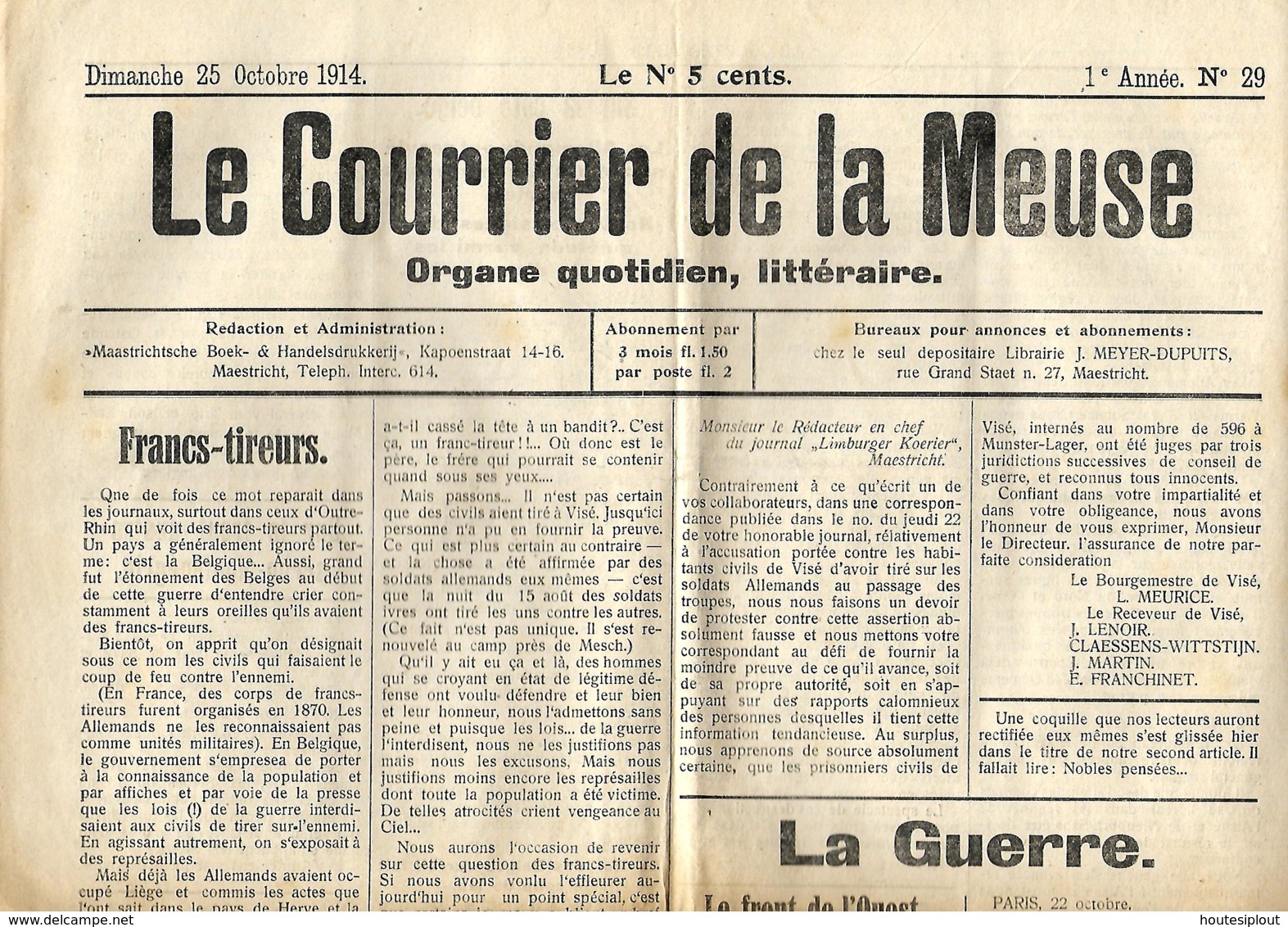 Pays-Bas. Le Courrier De La Meuse (Maastricht)   25/10/1914 - Informations Générales