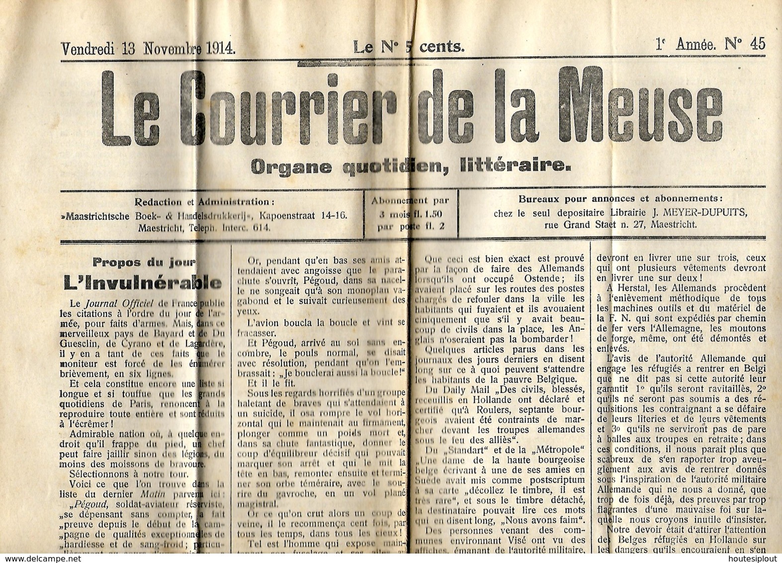 Pays-Bas. Le Courrier De La Meuse (Maastricht)   13/11/1914 - Informations Générales