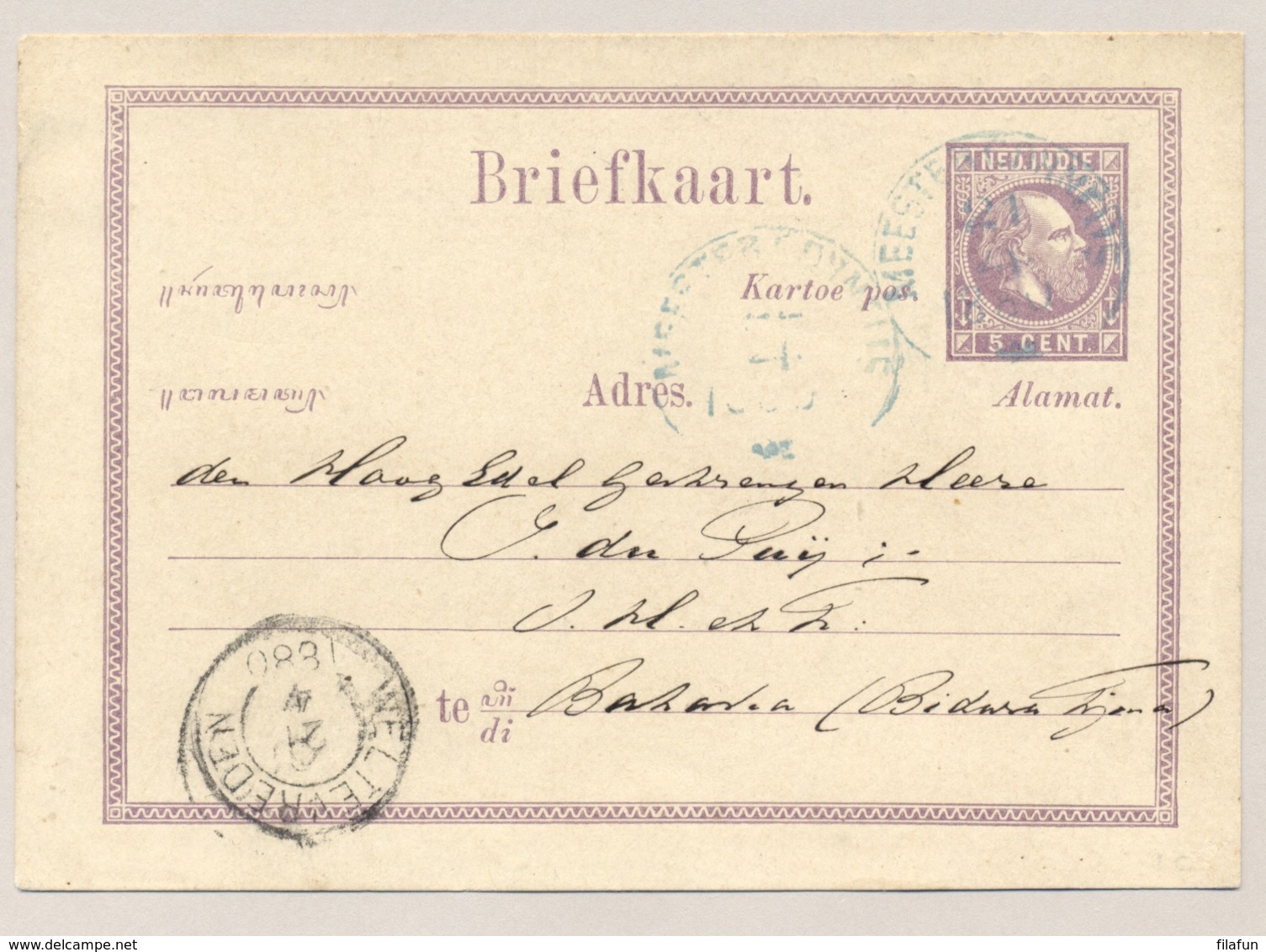 Nederlands Indië - 1880 - 5 Cent Willem III, Briefkaart G1 Met Blauw Rondstempel Meester Cornelis Naar Batavia - Nederlands-Indië