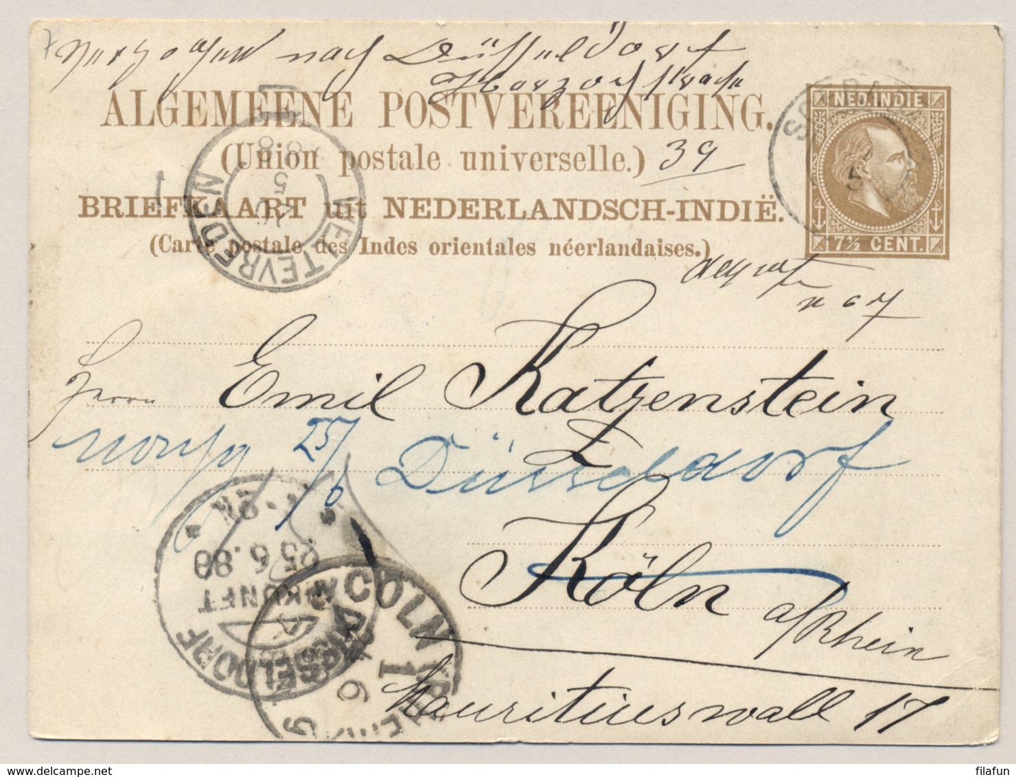 Nederlands Indië - 1888 - 7,5 Cent Willem III, Briefkaart G7 Van Soerabaja Naar Cöln / Düsseldorf / Deutschland - Nederlands-Indië