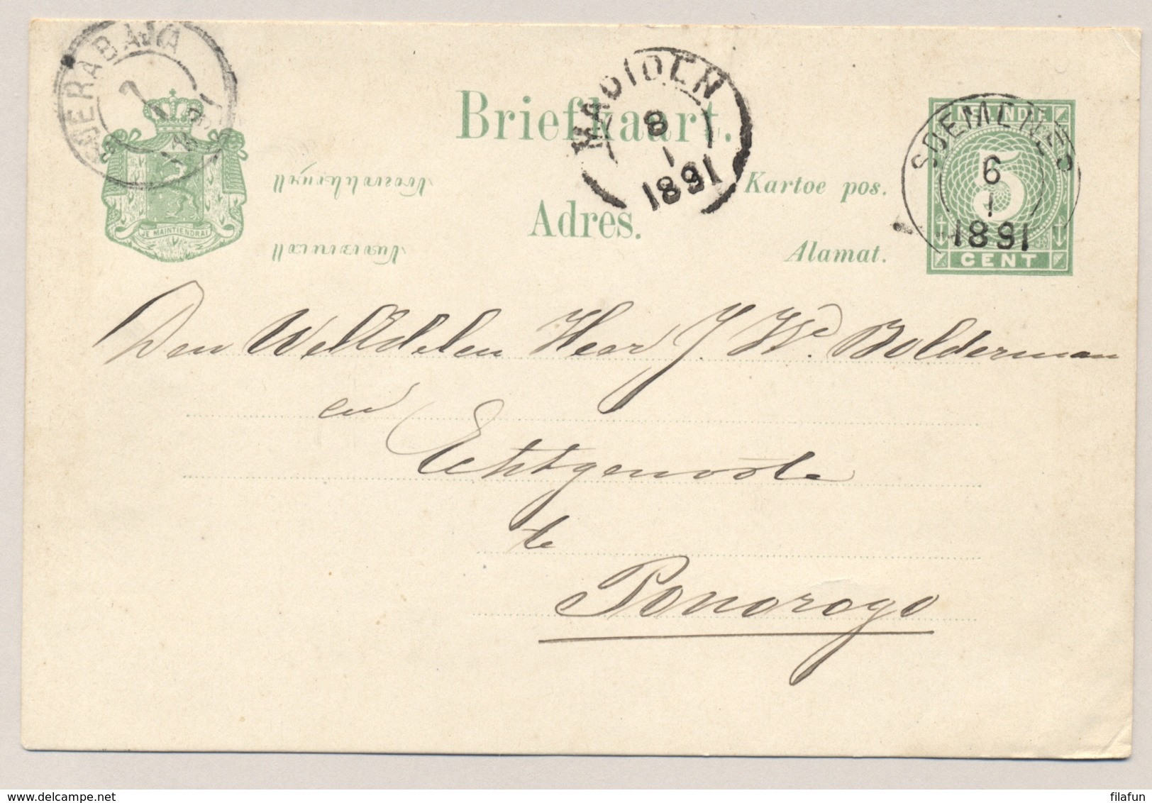 Nederlands Indië - 1891 - 5 Cent Cijfer, Briefkaart G8a Van KR SOEMENEP Naar Ponorogo - Nederlands-Indië