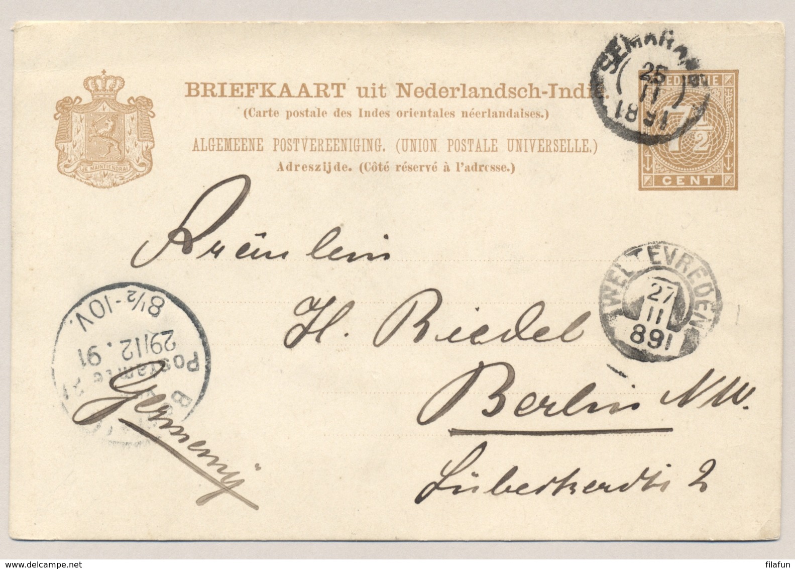 Nederlands Indië - 1891 - 7,5 Cent Cijfer, Briefkaart G9 Z-2 Van Semarang Naar Berlin / Deutschland - Nederlands-Indië