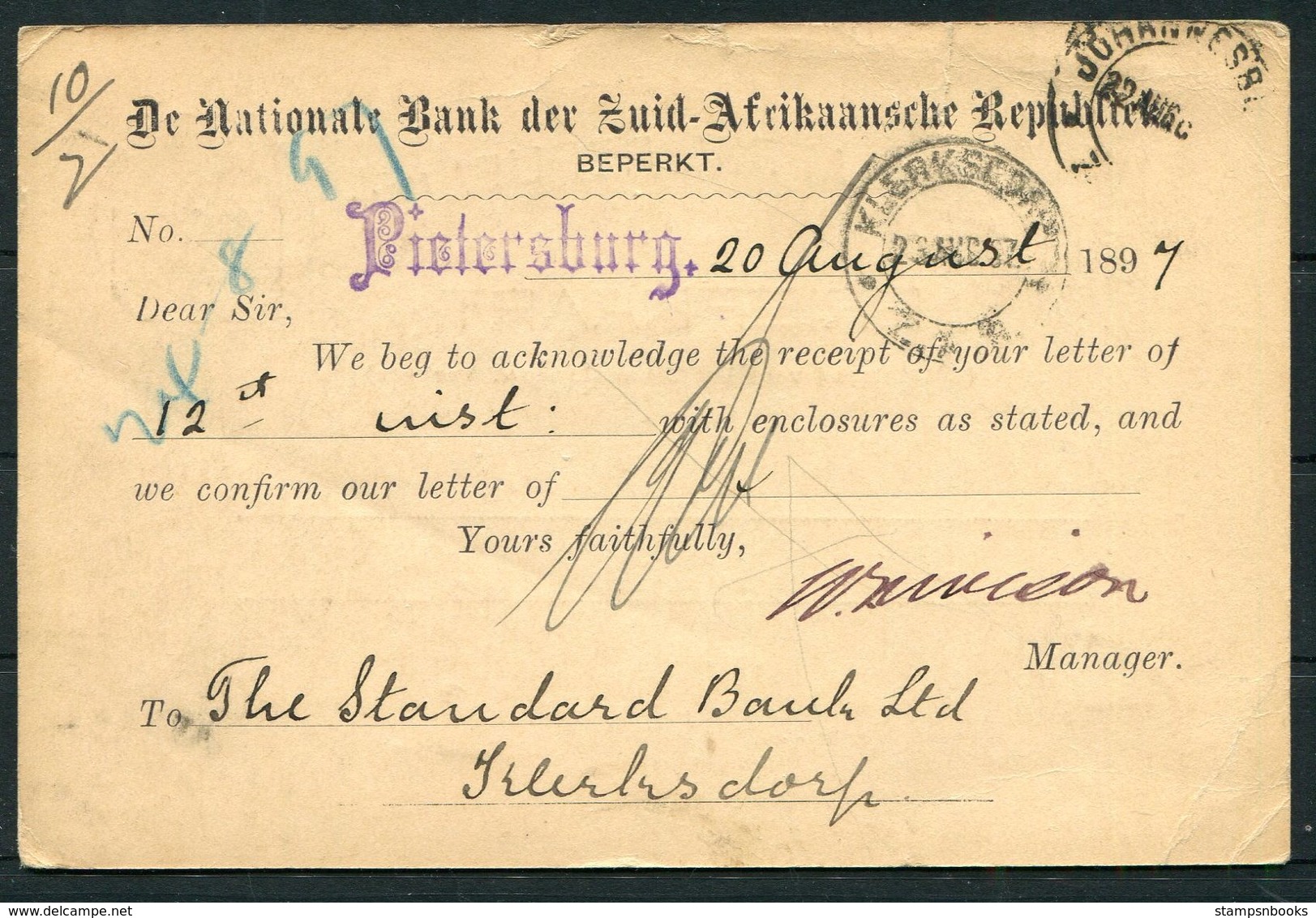 1897 Transval Z.A.R. Stationery Postcard. National Bank Pietersburg - Standard Bank, Klerksdorf Via Johannesburg - Transvaal (1870-1909)