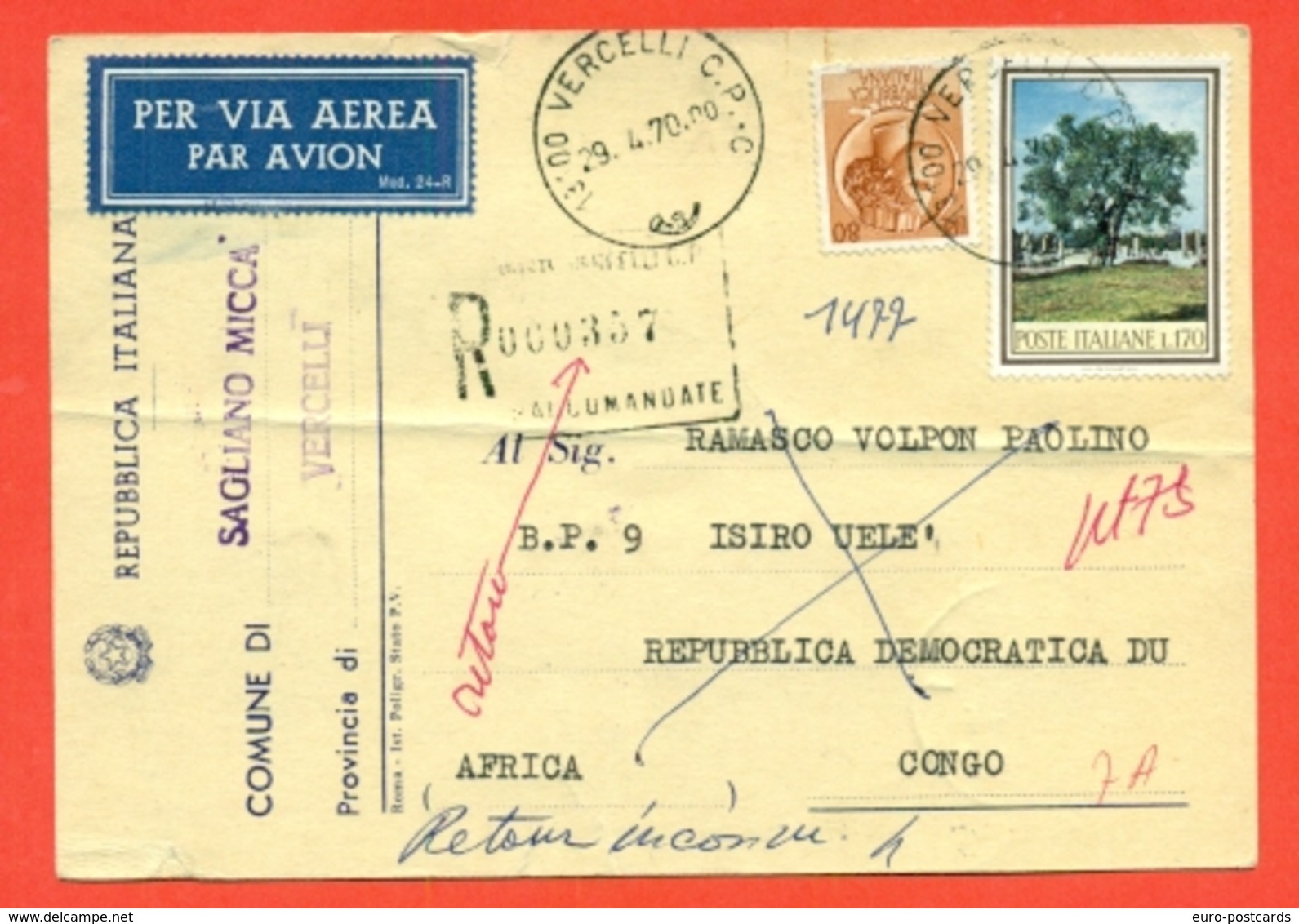 STORIA POSTALE PER L'ESTERO-CARTOLINA ELETTORALE RACCOMANDATA  AEREA-DA  SAGLIANO MICCA PER IL CONGO-SIRACUSANA - 1961-70: Marcophilia