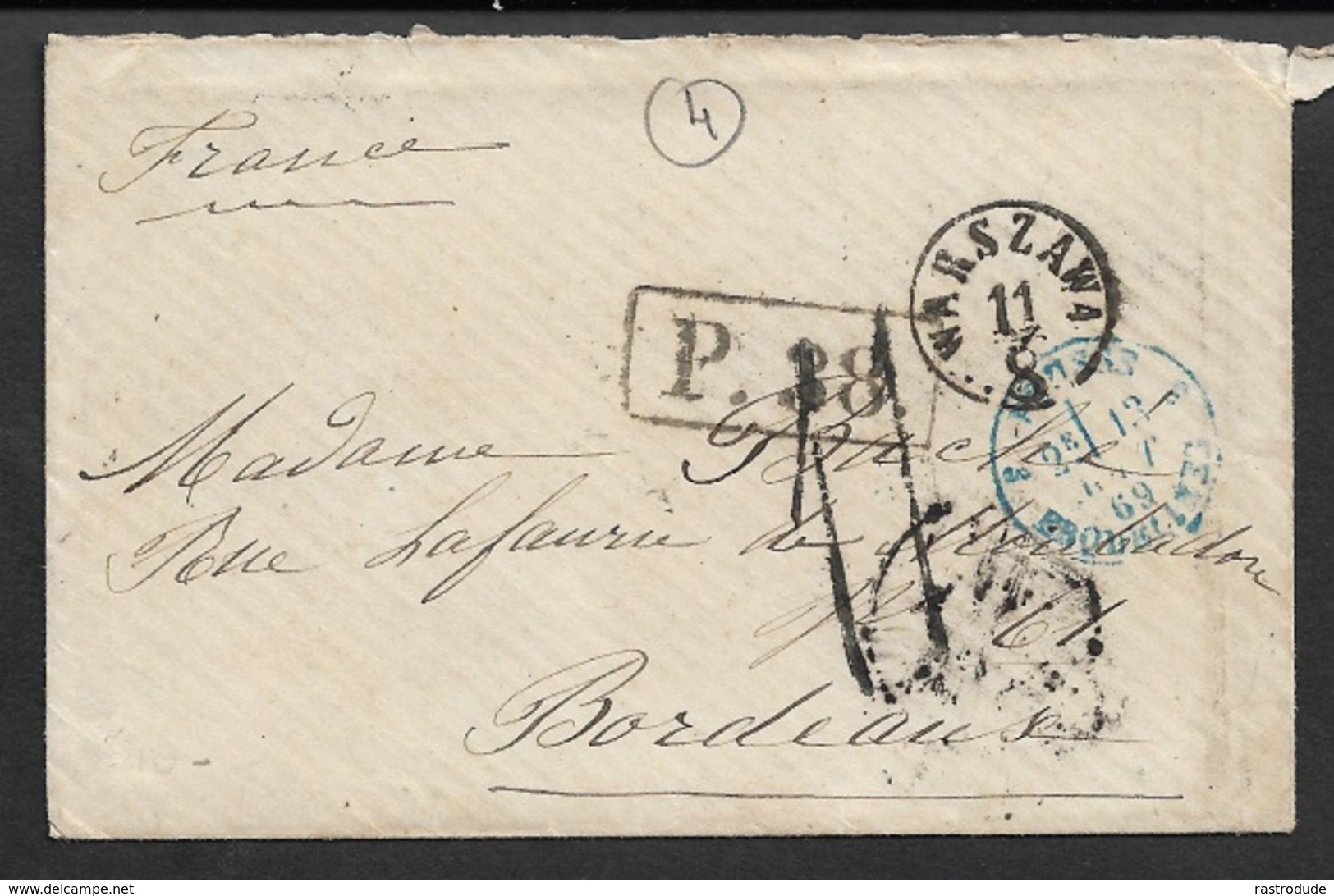 1869 PORTOBRIEF RUSSLAND - WARSZAWA - AUS RUSSLAND ÜBER EISENB.POST BUR Nach BORDEAUX - ...-1860 Prephilately