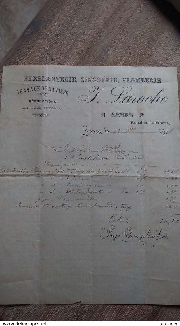 Facture Réparations Travaux Bâtisse Sénas Bouches Du Rhône Laroche 1908 Ferblanterie Zinguerie Plomberie - Petits Métiers