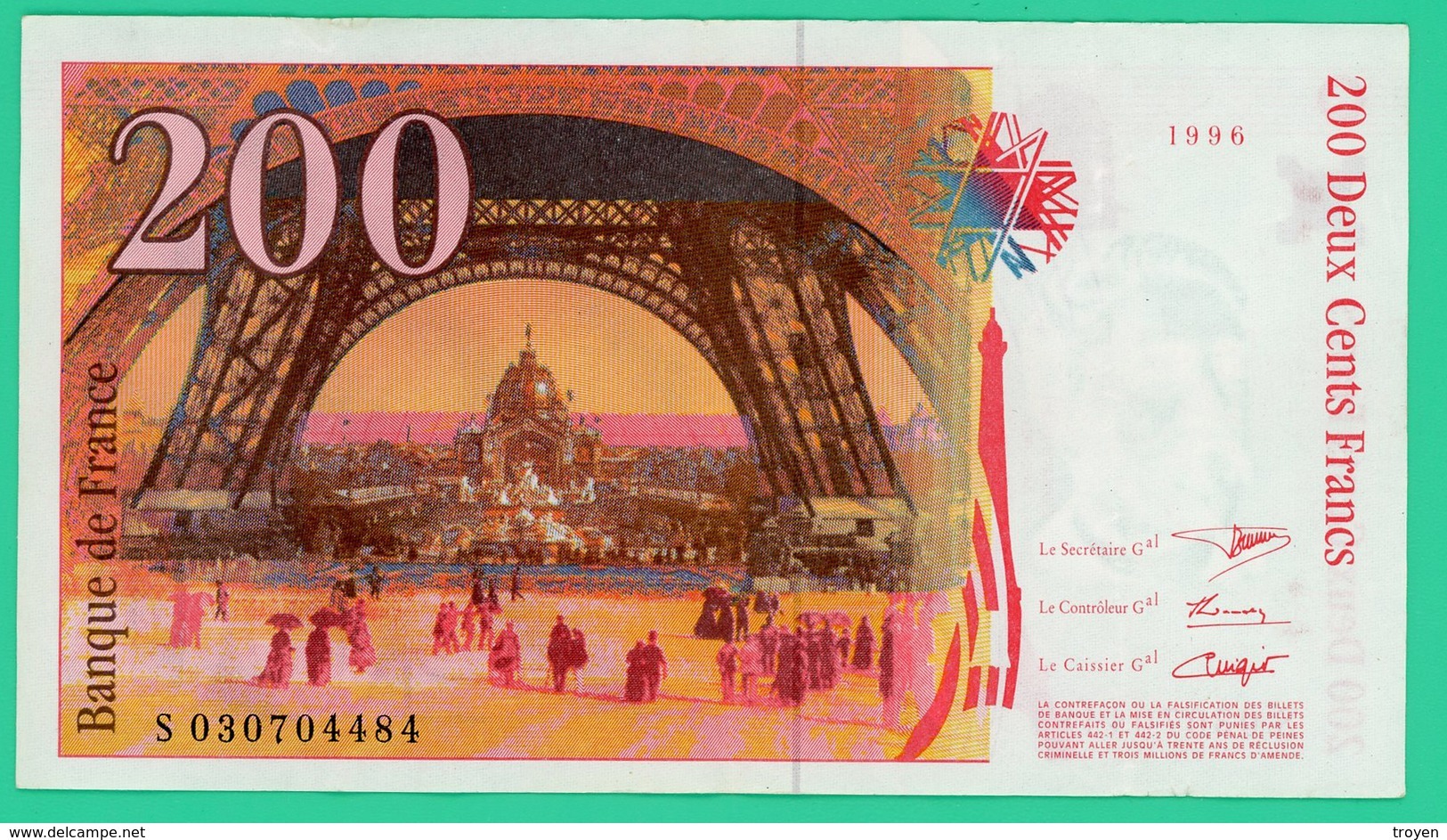 200 Francs -  France -  Type  Eiffel - N° S030704484  1996 - TB+ - - 200 F 1995-1999 ''Eiffel''