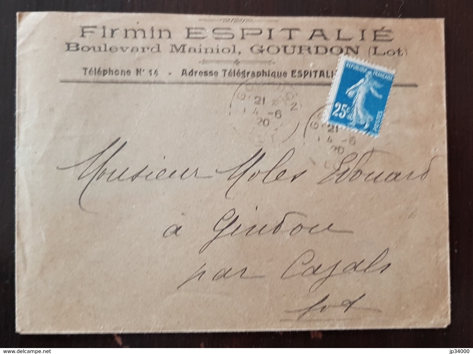 France - Yvert 140 Sur Lettre Entete Publicitaire Firmin ESPITALIE Boulevard Mainiol GOURDON (LOT) Cachet 4/06/1920 - 1877-1920: Periodo Semi Moderno