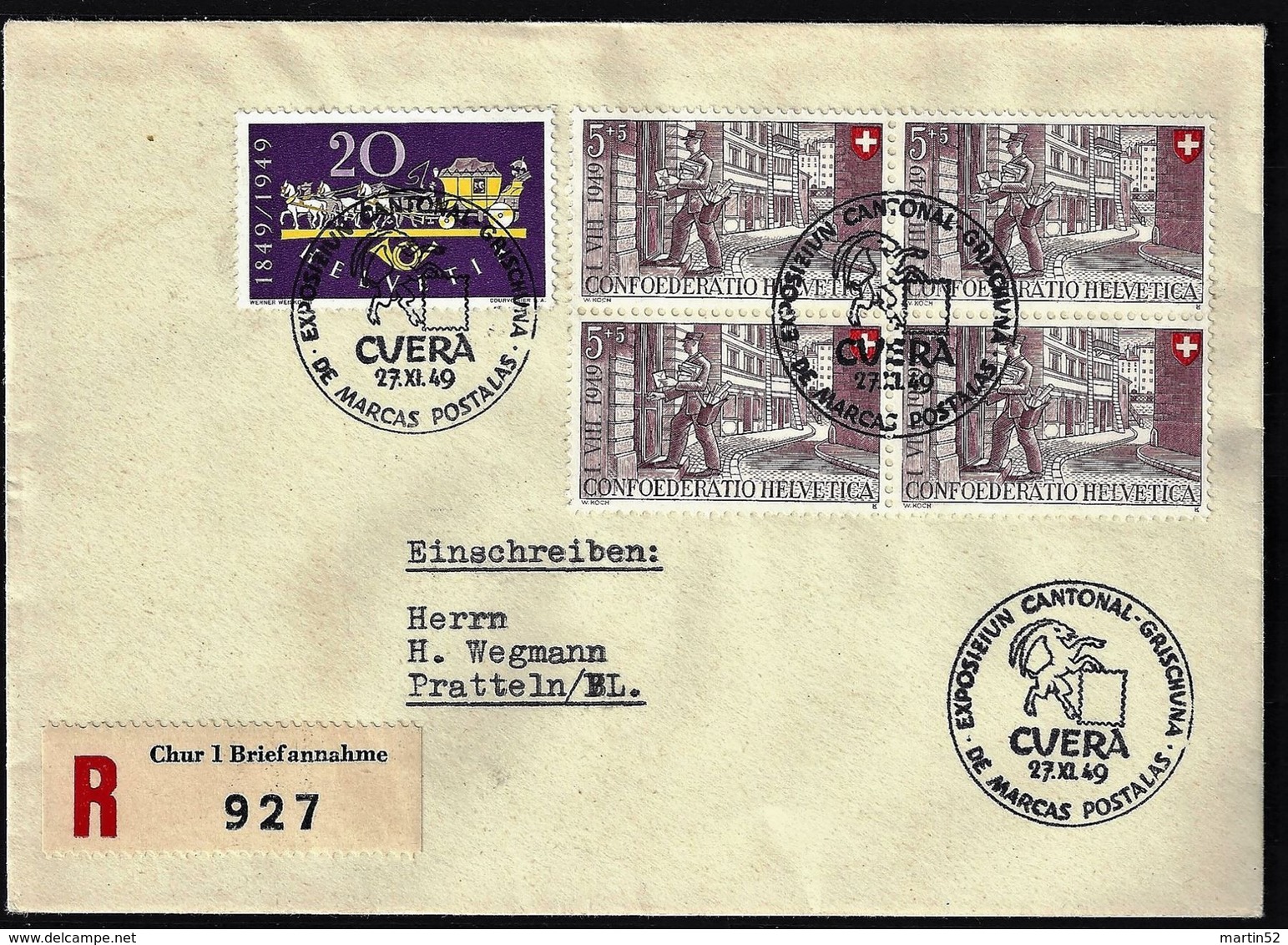 Schweiz Suisse 1949: Zu WII42 Mi 525 Yv 477 O EXPOSIZIUN CANTONAL GRISCHUNA DE MARCAS POSTALAS CUERA 27.XI.49 - Lettres & Documents