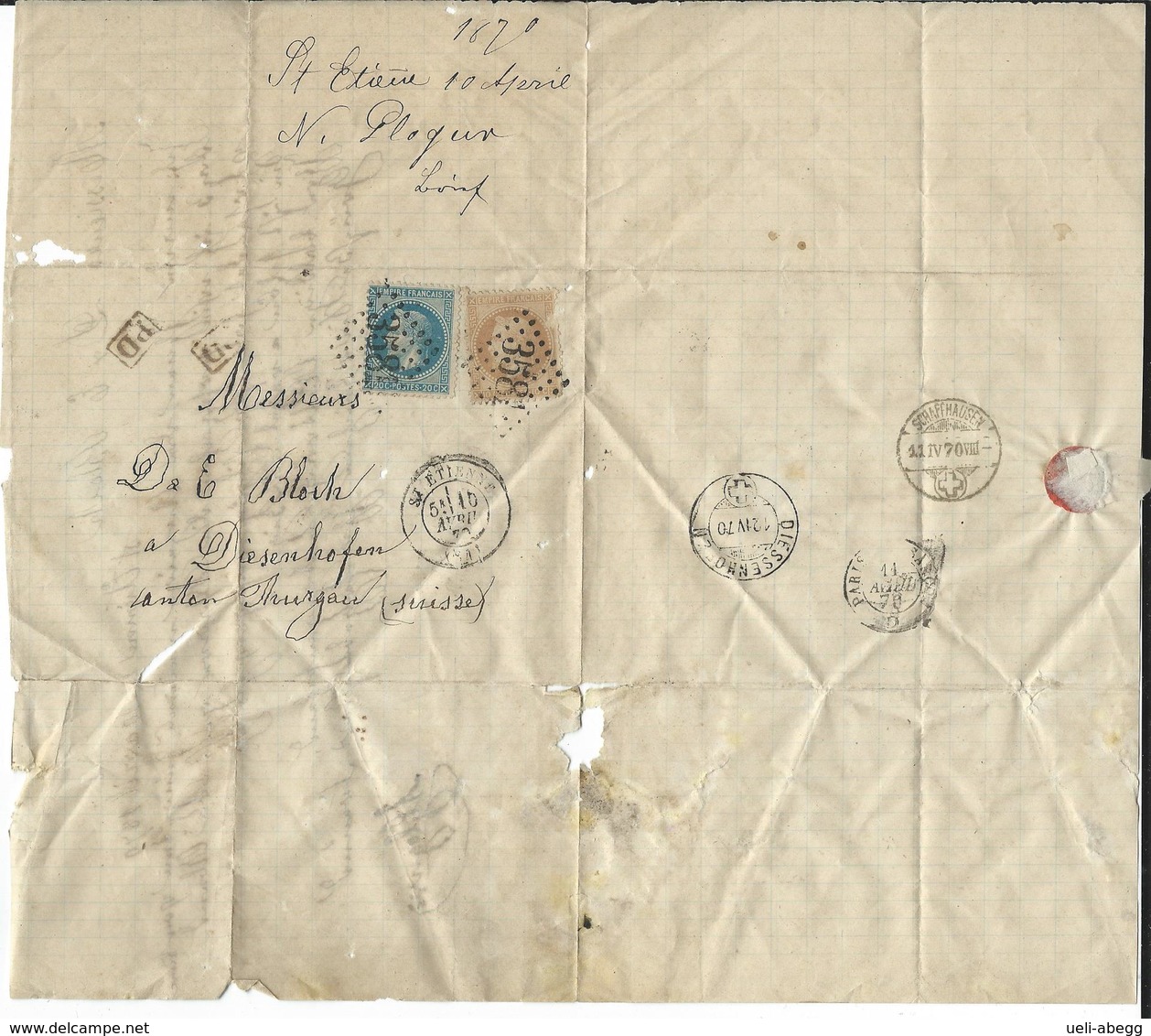 Frankreich Yv 28B, 29B, Mi 27, 28 Faltbrief St.Etienne 10.4.70 Nach Diessenhofen CH - 1863-1870 Napoléon III. Laure