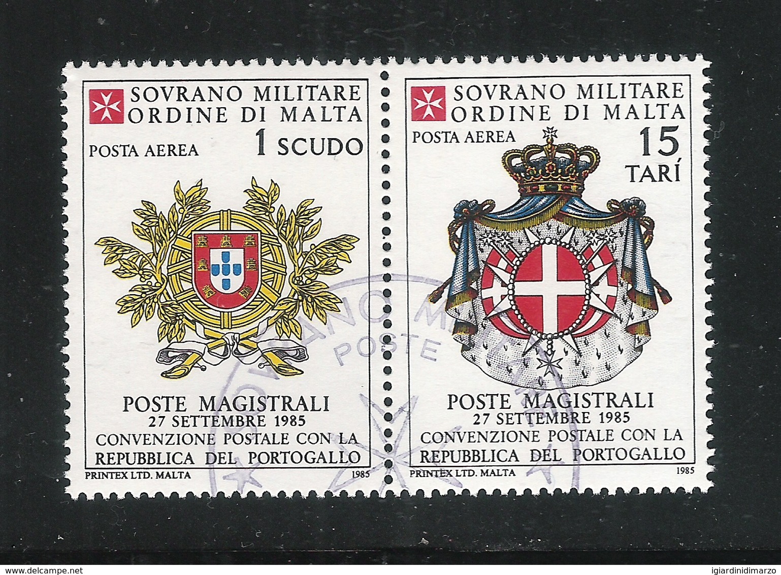 S.M.O.M. SOVRANO MILITARE ORDINE DI MALTA - 1985: 2 Valori Obliterati Di P.A. - Convenzione Postale Con Il PORTOGALLO. - Sovrano Militare Ordine Di Malta