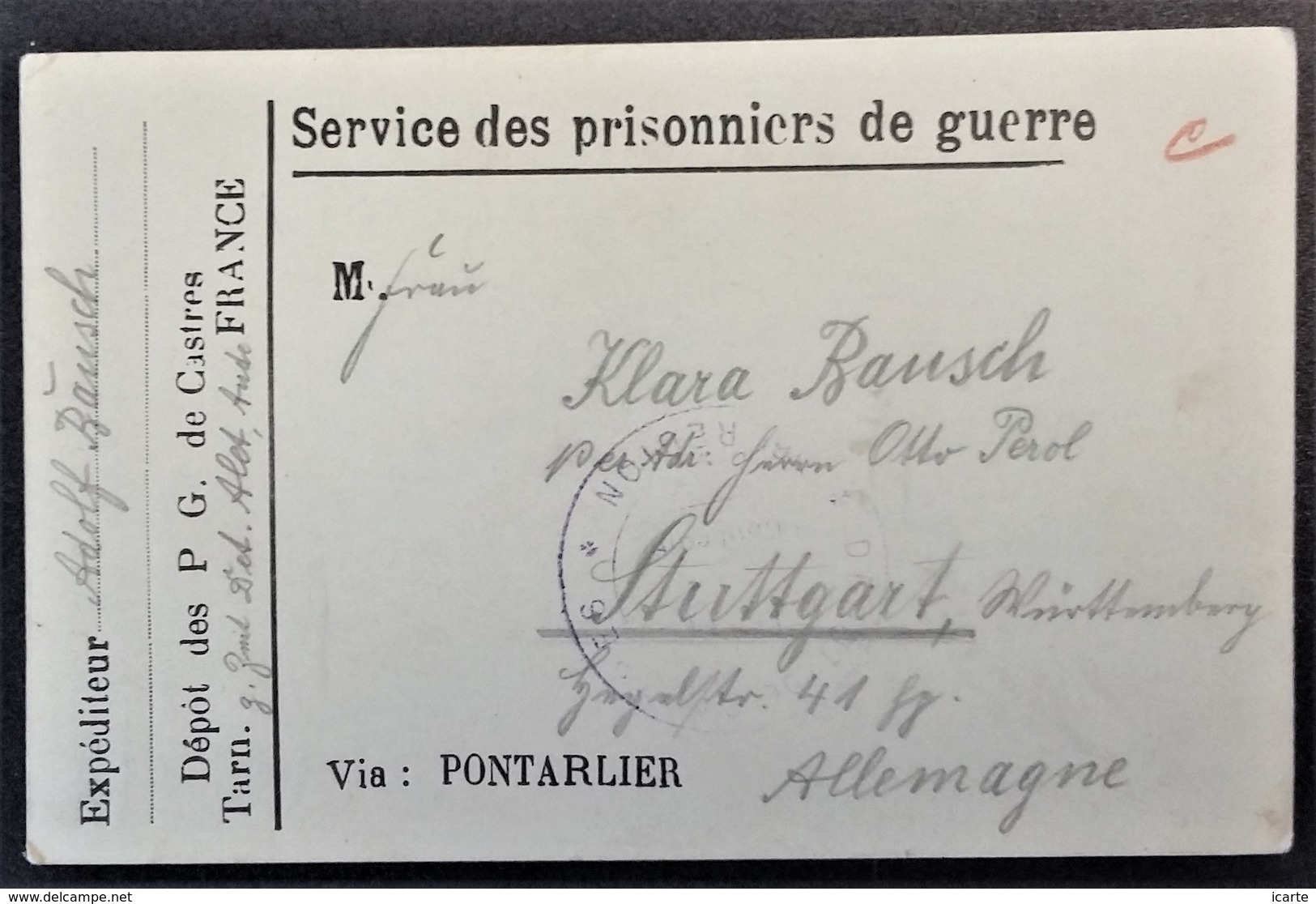 Carte De Franchise Militaire PRISONNIER DE GUERRE Allemand Au Dépôt De CASTRES Avril 1917 - Covers & Documents
