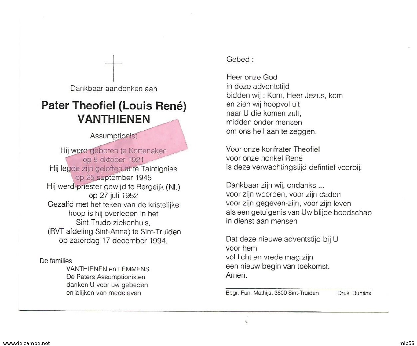 P 798. Pater T. VANTHIENEN (LOUIS RENE) -Assumptionist- °KORTENAKEN 1921 / TAINTIGNIES/ BERGEIJK (NL.)- +ST-TRUIDEN 1994 - Images Religieuses