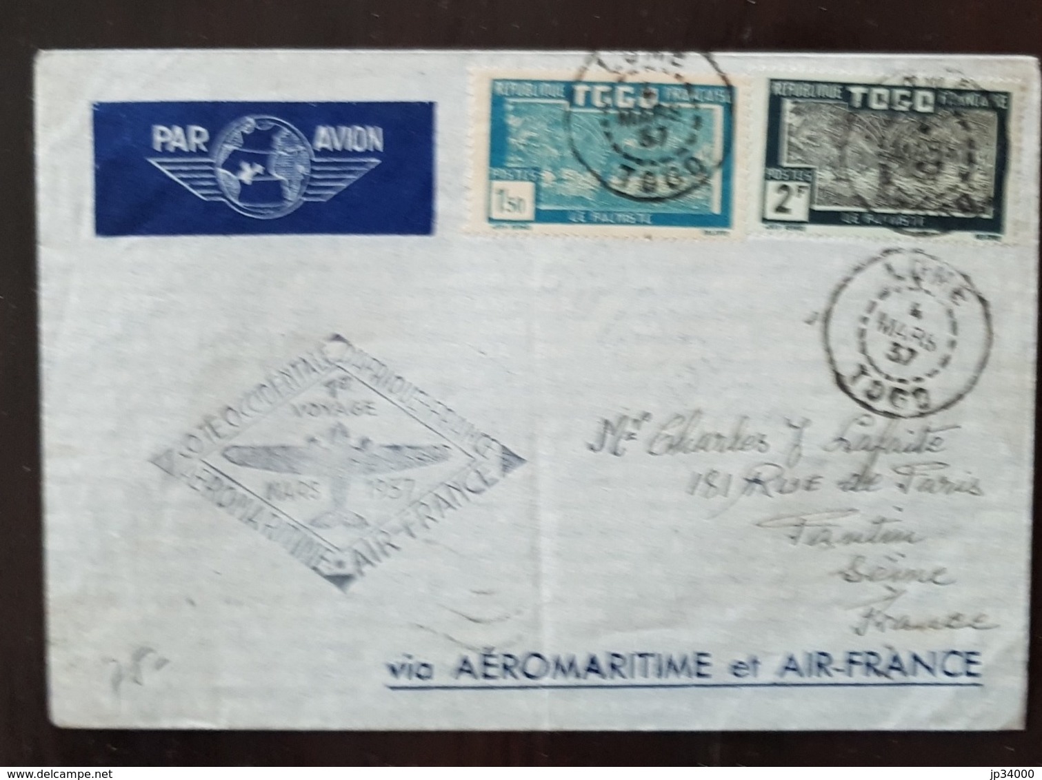 TOGO N°142+148 Sur Lettre.1er Voyage MARS 1937. COTE OCCIDENTALE D'AFRIQUE - FRANCE. VIA AEROMARITIME Et AIR FRANCE - Lettres & Documents