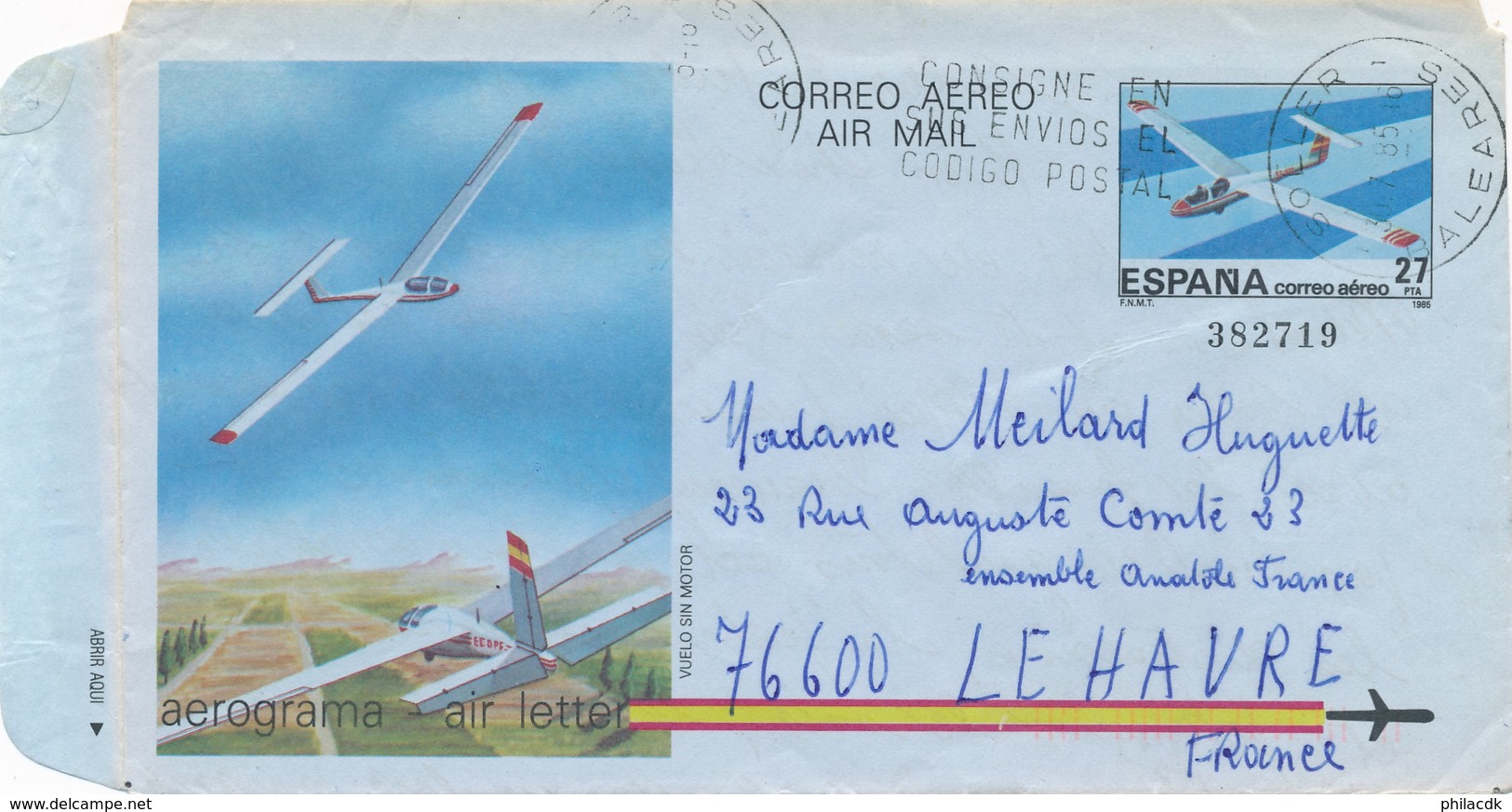 ESPAGNE - AEROGRAMME CAD 30/7/1985 POUR LE HAVRE FRANCE - 1931-....