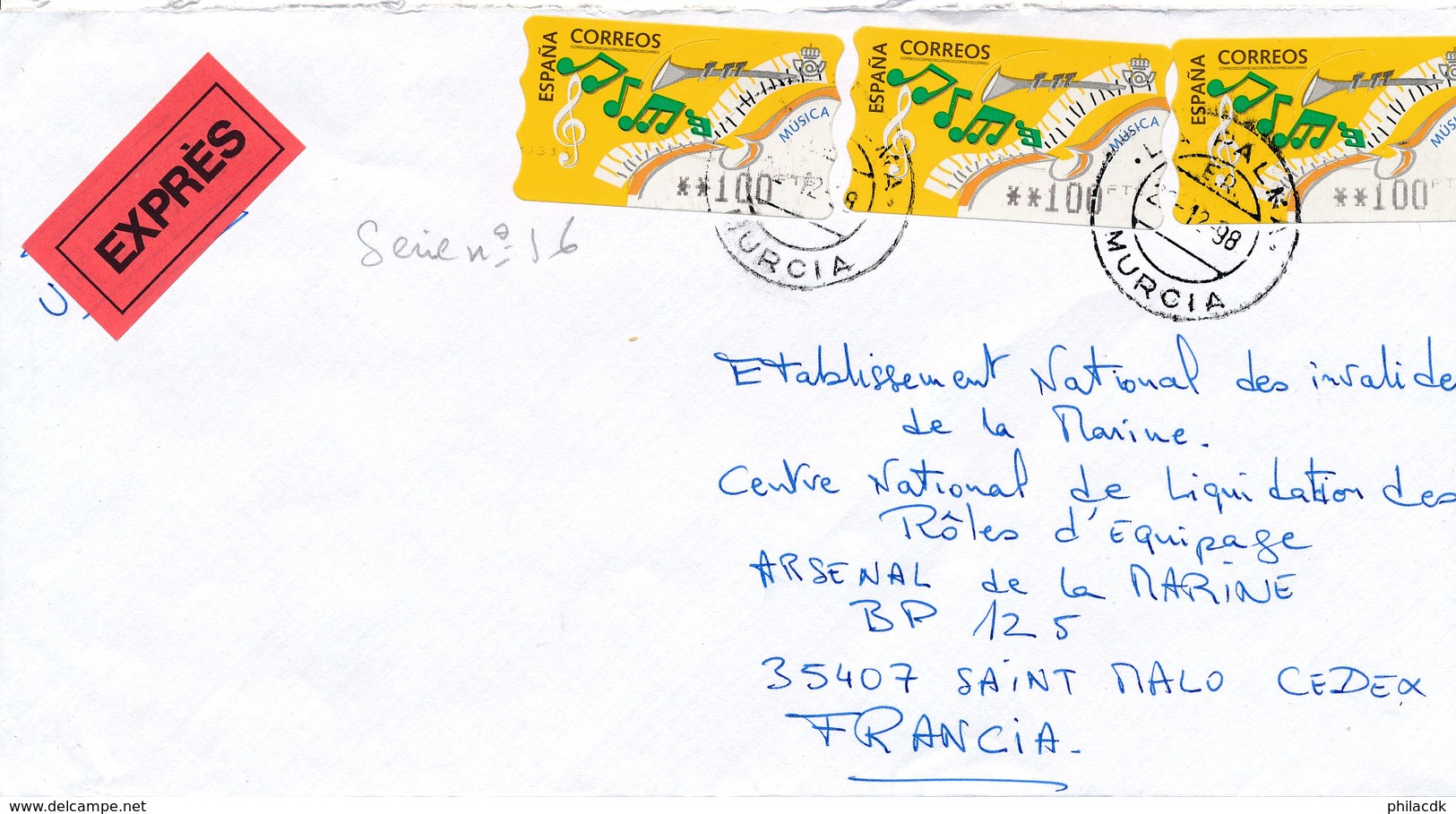 ESPAGNE - 3 TIMBRES SUR ENVELOPPE CAD MURCIA DU 22/12/1998 POUR SAINT MALO FRANCE - Briefe U. Dokumente