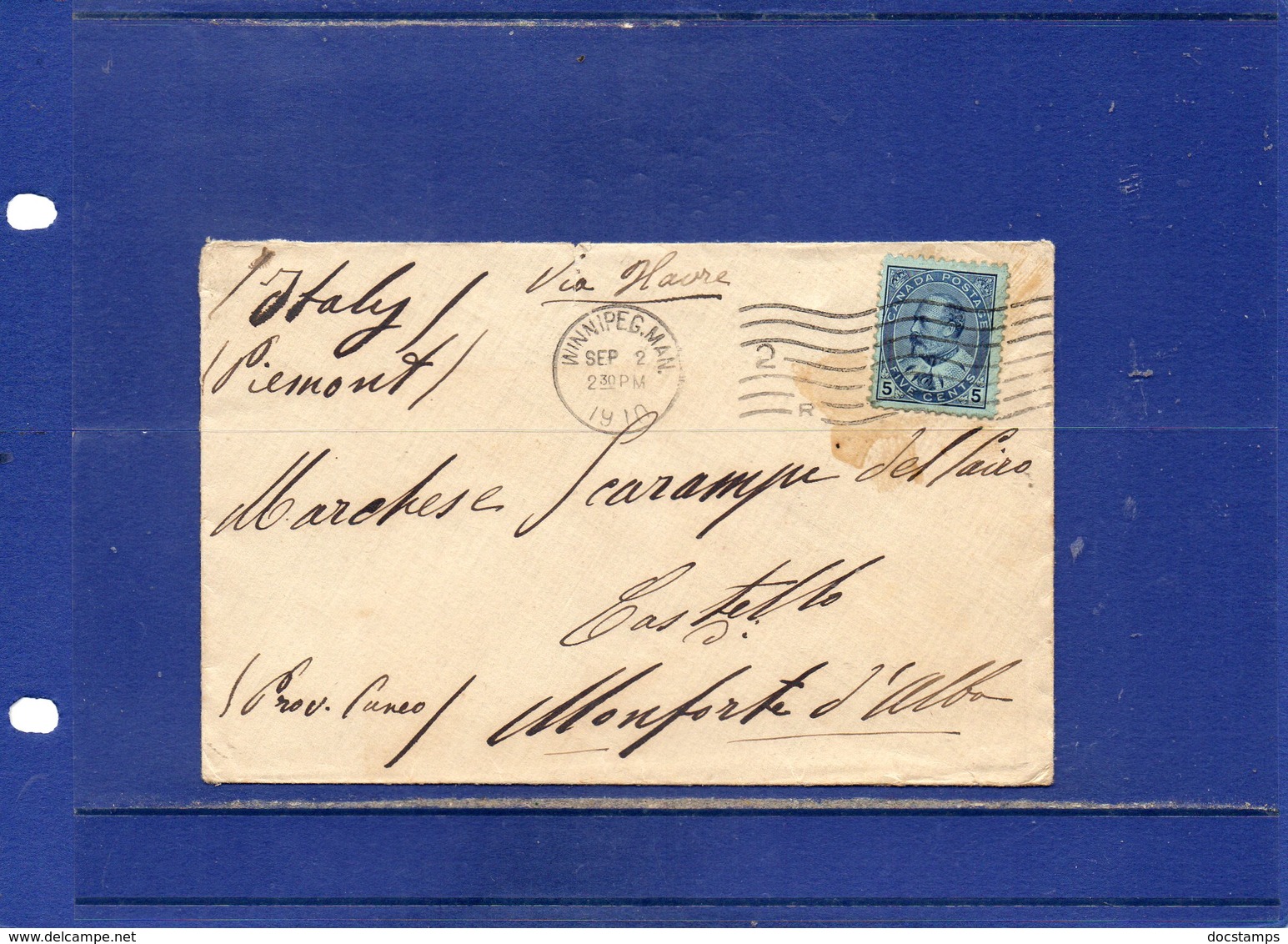 ##(DAN1812)-Postal History- Canada 1910- Cover From Winnipeg To Monforte D'Alba-Italy  Via Havre - Storia Postale