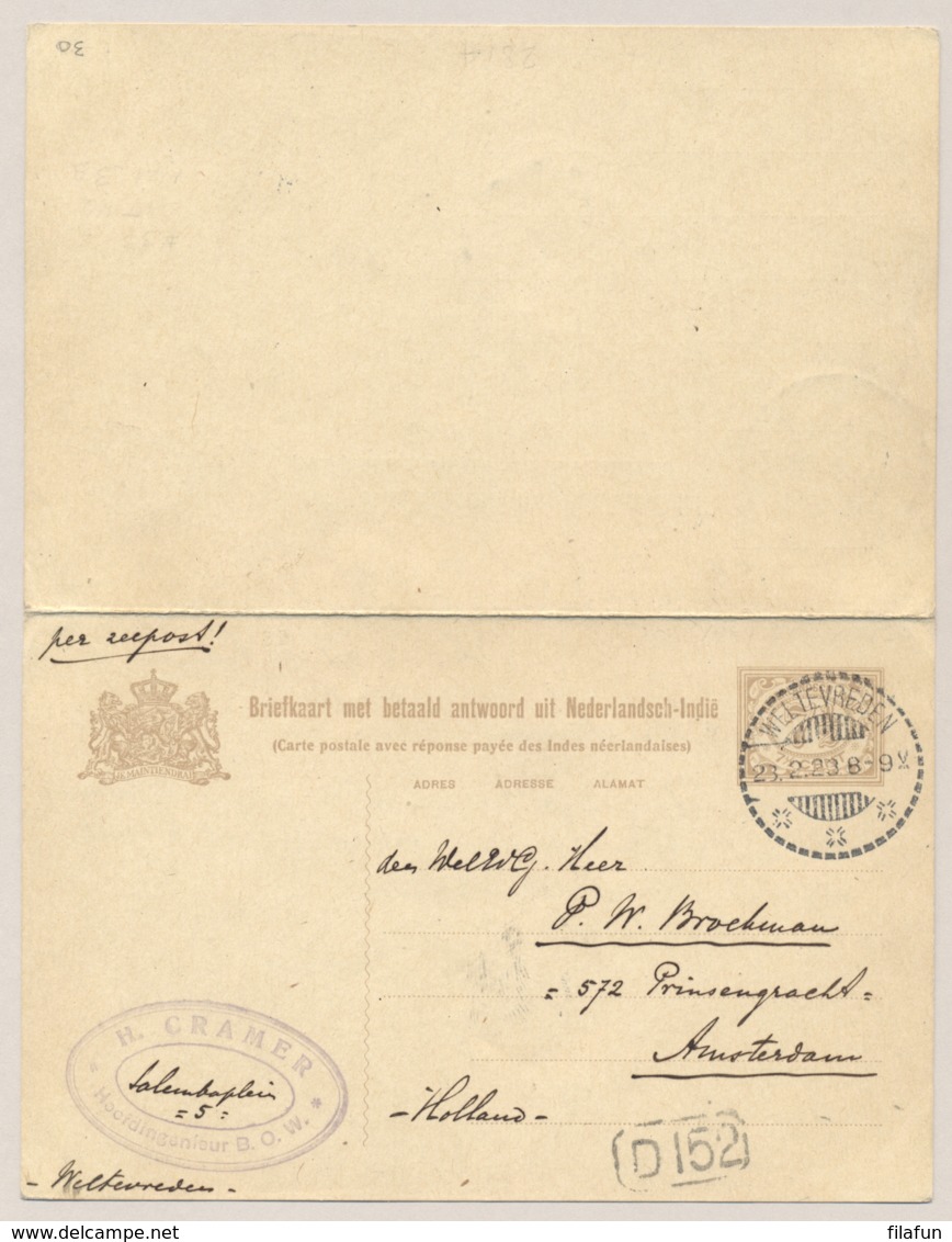 Nederlands Indië - 1923 - 7,5+7,5 Cent Cijfer, Briefkaart G30 Van Weltevreden Per Zeepost Naar Amsterdam - Nederlands-Indië