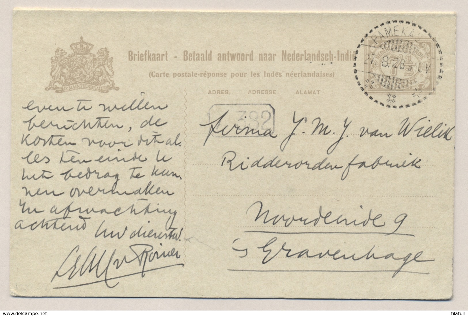 Nederlands Indië - 1928 - 7,5+7,5 Cent Cijfer, Briefkaart G36 Van Pamekasan Naar Ridderorderfabriek Den Haag / Nederland - Nederlands-Indië