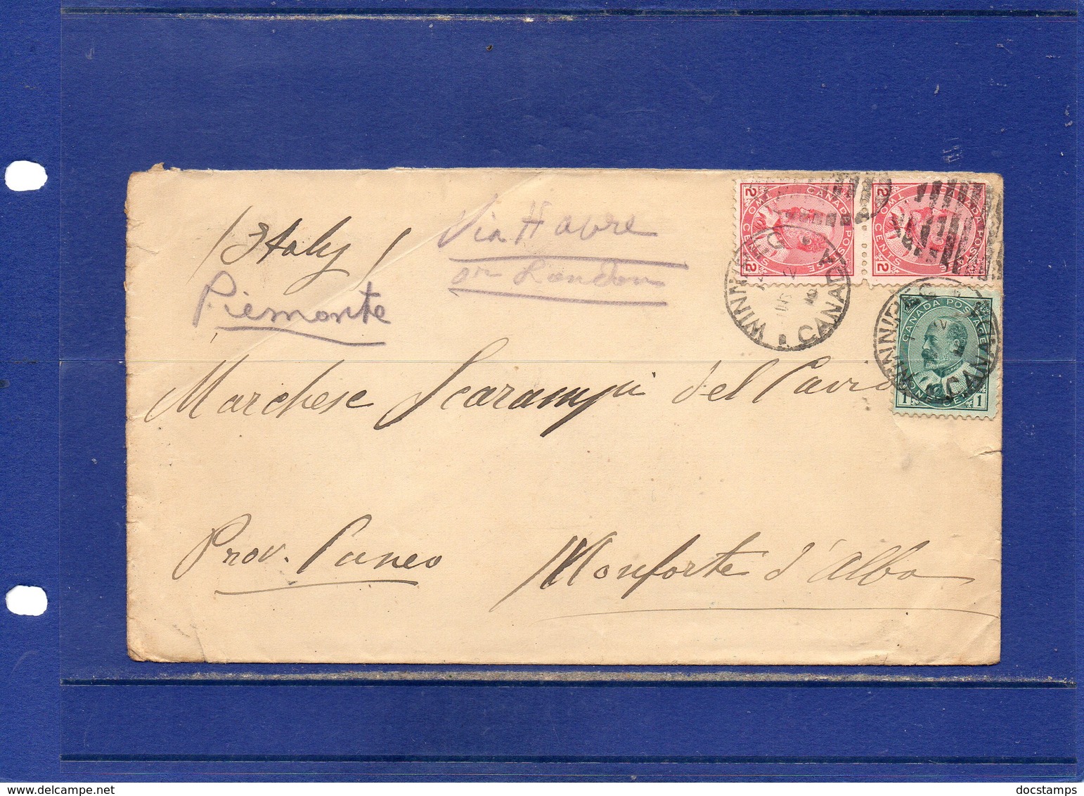 ##(DAN1812)-Postal History- Canada 1910- Cover From Winnipeg To Monforte D'Alba-Italy  Via Havre Or London - Storia Postale
