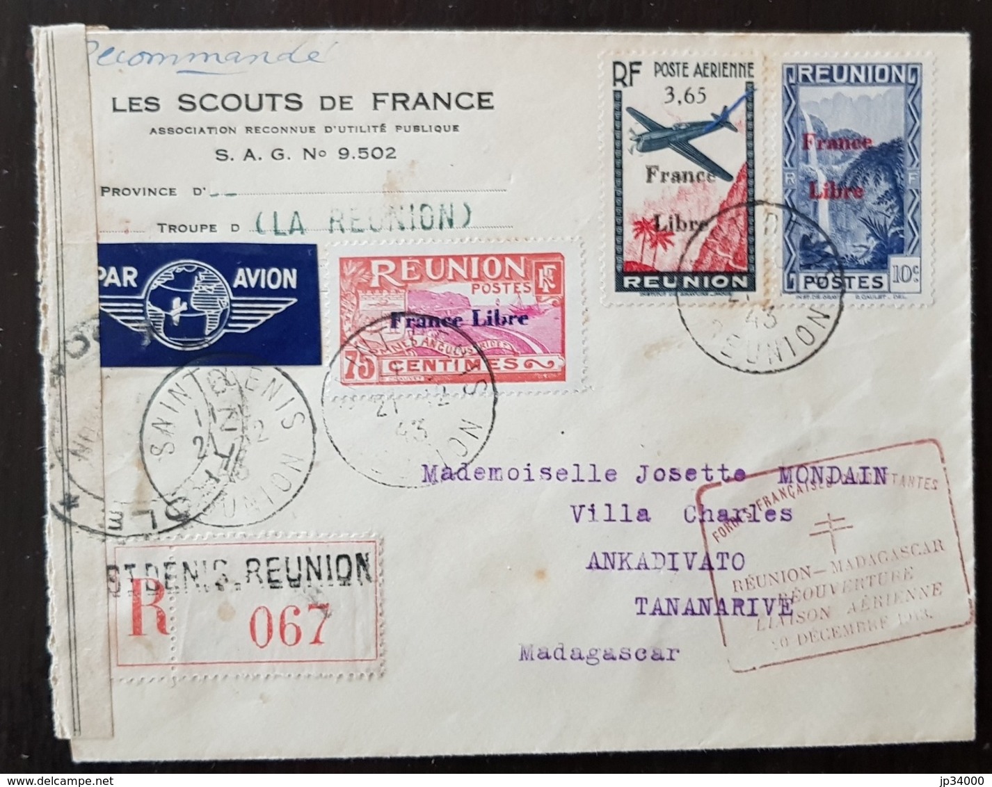 REUNION N°188+223+PA2 Sur Lettre. Censure Militaire. Départ 21/12/43, CACHET FORCES FRANCAISES COMBATTANTES (voir Descri - Lettres & Documents