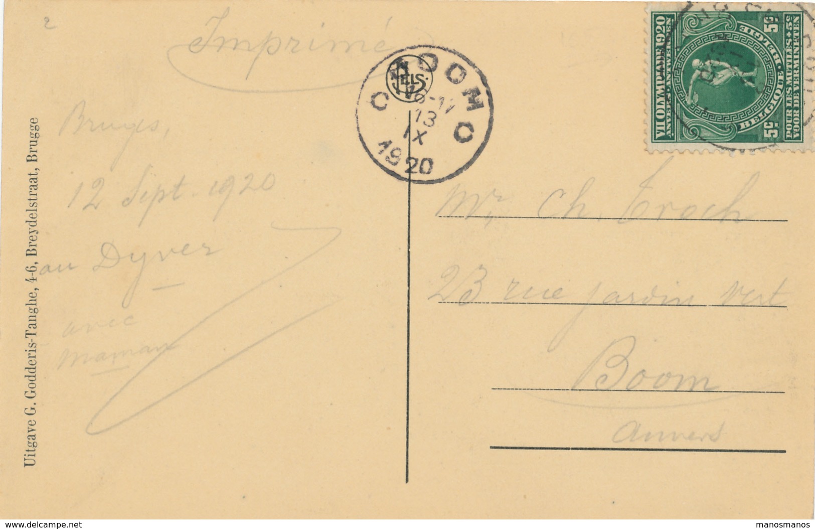 686/27 - Carte-Vue BRUGGE TP Jeux Olympiques 5 C  BRUGGE 1920 Vers BOOM - COB 25 EUR S/ Document - Cartas & Documentos