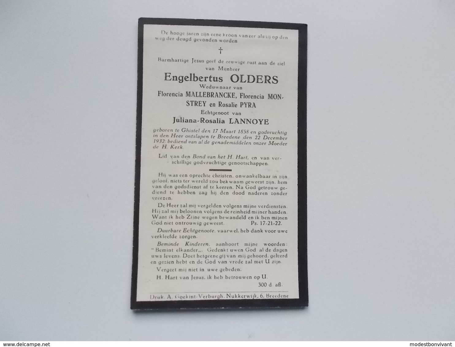 Oud Bidprentje: Engelbertus OLDERS, Wwr F.MALLEBRANCKE, F.MONSTREY,R.PYRA Echtg. Juliana LANNOYE Ghistel 17/3/1858 - Bre - Décès