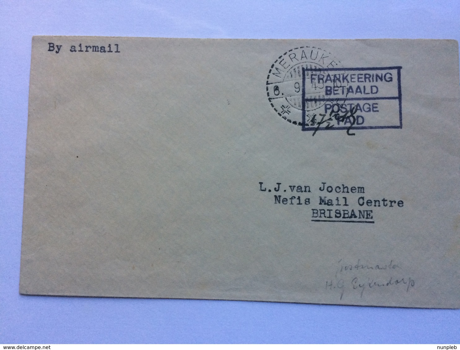 NETHERLANDS NEW GUINEA 1945 Cover - Merauke To Brisbane Australia With Relief Franking `Frankeering Betaald` - Netherlands New Guinea