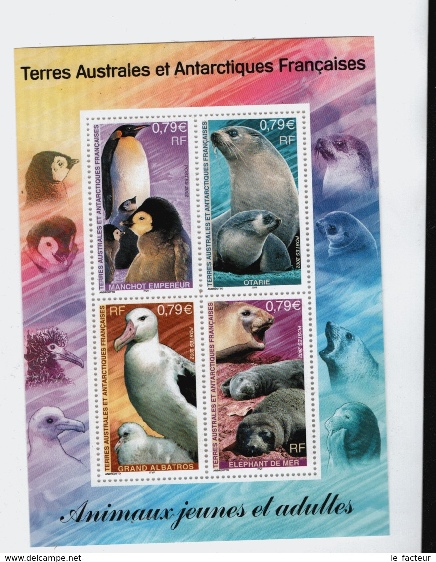 VP1L6 TAAF FSAT Antarctique Antarctic Neufs ** MNH  Bloc Animaux Jeunes Et Adultes Albatros Manchot Faune 2002 N 8 - Blocs-feuillets