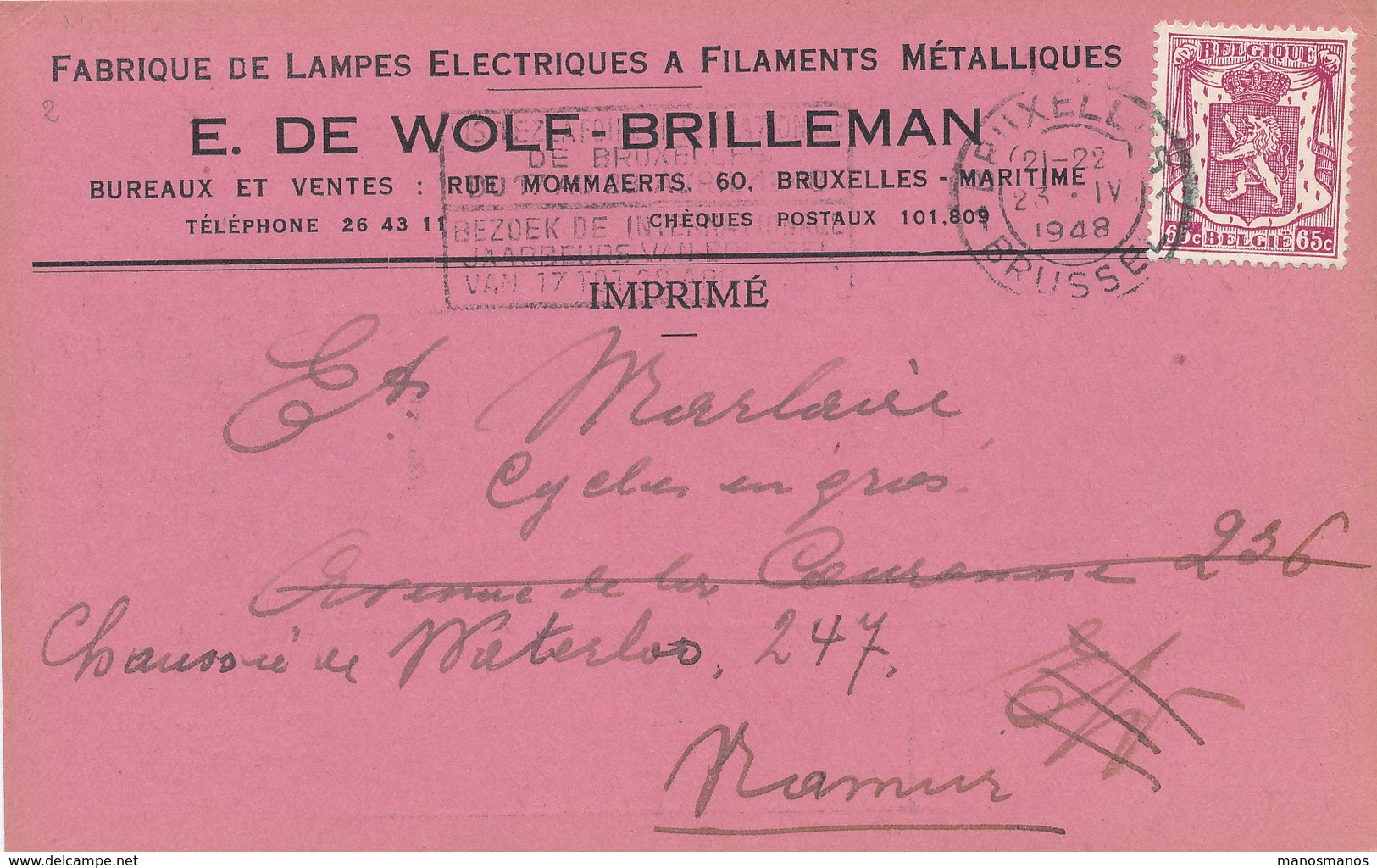 699/27 - LAMPES - Carte Privée TP Petit Sceau BRUXELLES 1948 - Fabrique De Lampes Electriques De Wolf-Brilleman - Non Classés