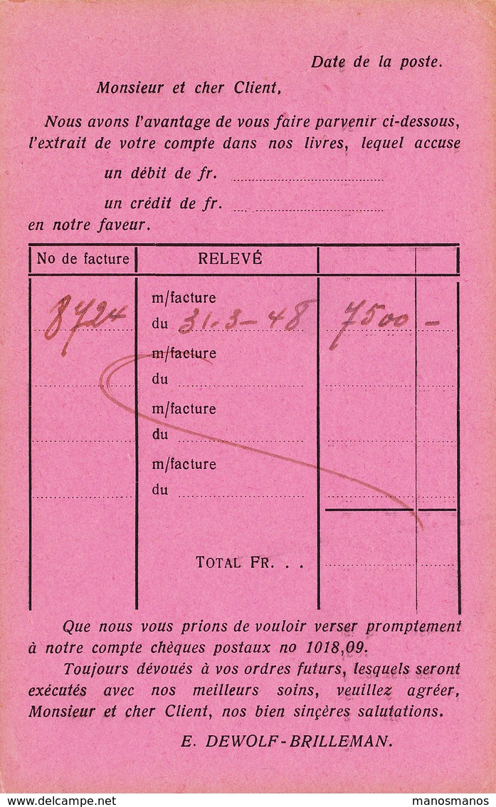 699/27 - LAMPES - Carte Privée TP Petit Sceau BRUXELLES 1948 - Fabrique De Lampes Electriques De Wolf-Brilleman - Non Classés