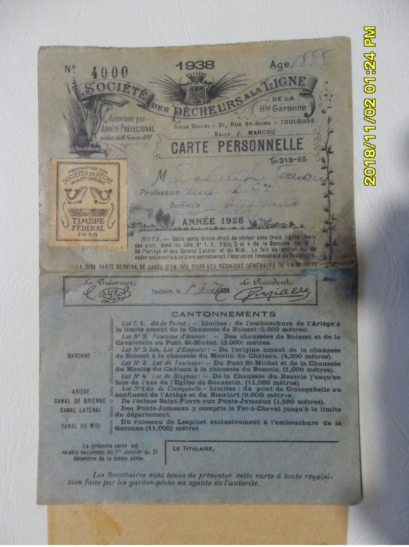 TIMBRE FISCAL SUR CARTE DE PECHE 1938 GRONNE - Autres & Non Classés