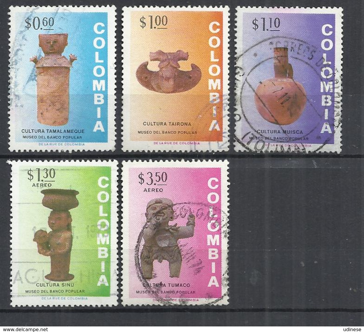 COLOMBIA 1973 - PRE-COLUMBIAN CERAMICS - LOT OF 5 DIFFERENT- USED OBLITERE GESTEMPELT USADO - Archéologie