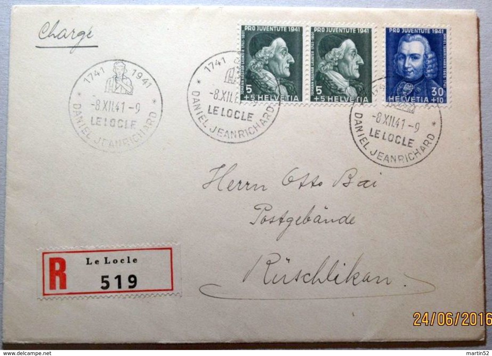 Schweiz Suisse 1941: DANIEL JEANRICHARD Zu PJ97+100 Mi 400+402 Yv 372+374 R-Brief Sonder-o LE LOCLE 4.XII.41 (Zu CHF 23) - Lettres & Documents