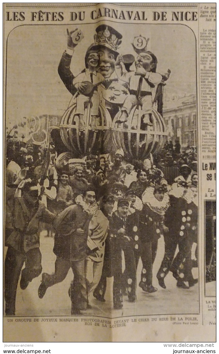 1937 Journal L'ECLAIREUR NICE - FETES DE NICE - S.M CARNAVAL - LE CORSO CARNAVALESQUE - RALLYE DE MONTE CARLO