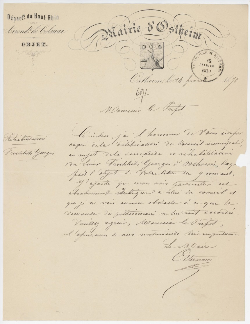 Mairie D’Ostheim 1870 Héraldique - Documents Historiques